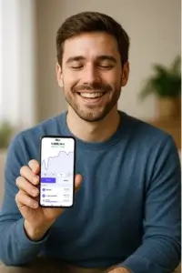 Personne tenant un téléphone avec l'application Fibo