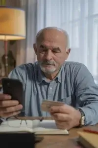 Personnage agée réalisant un achat sur internet avec sa carte bleue