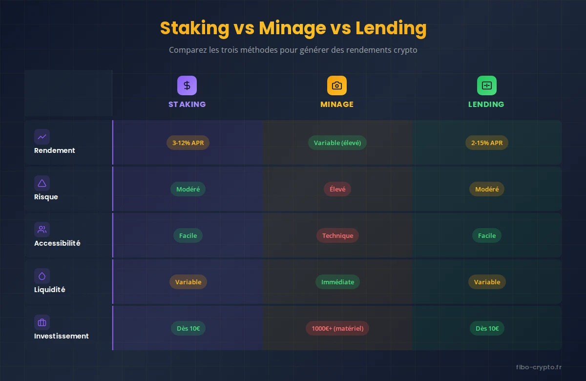 Comparaison staking vs minage vs lending