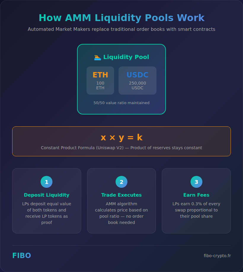 How AMM liquidity pools work - diagram showing token deposits, constant product formula, and fee distribution to liquidity providers