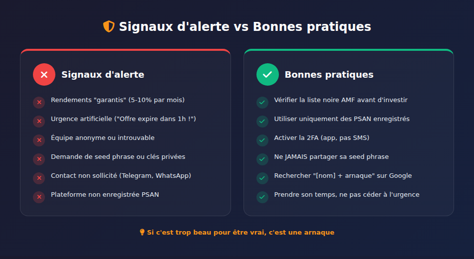 Signaux d'alerte vs bonnes pratiques pour éviter les arnaques crypto