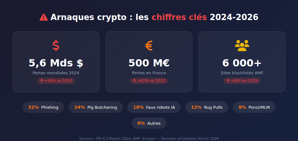 Chiffres clés des arnaques crypto 2024-2026 : 5,6 milliards de dollars de pertes