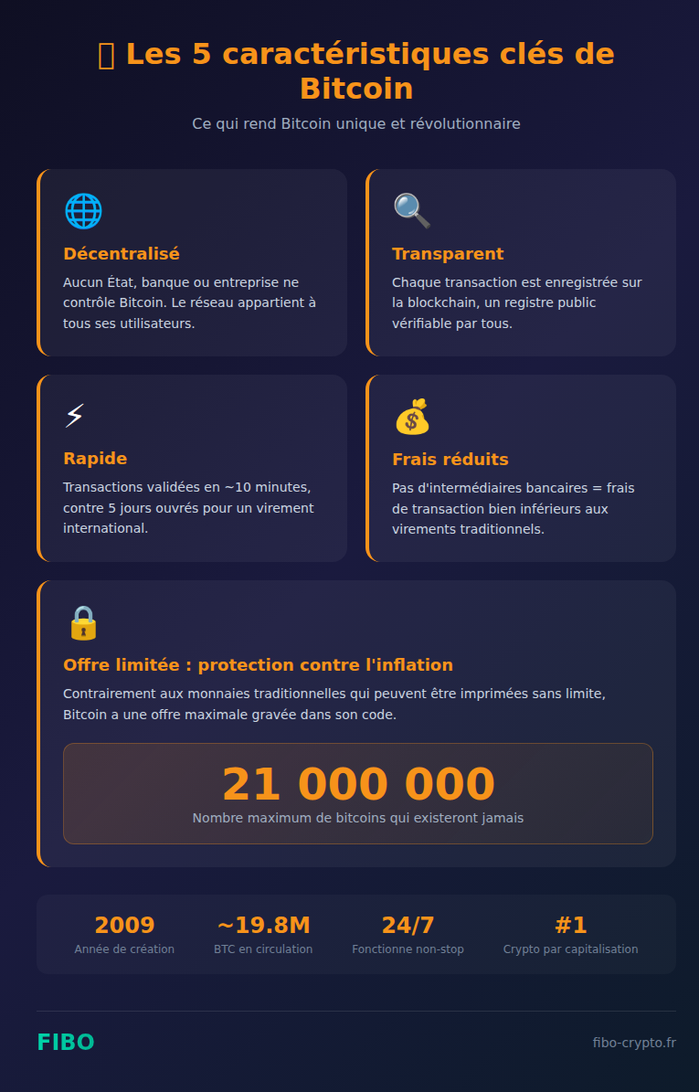 Infographie : Les 5 caractéristiques clés de Bitcoin - décentralisé, transparent, rapide, frais réduits, offre limitée à 21 millions