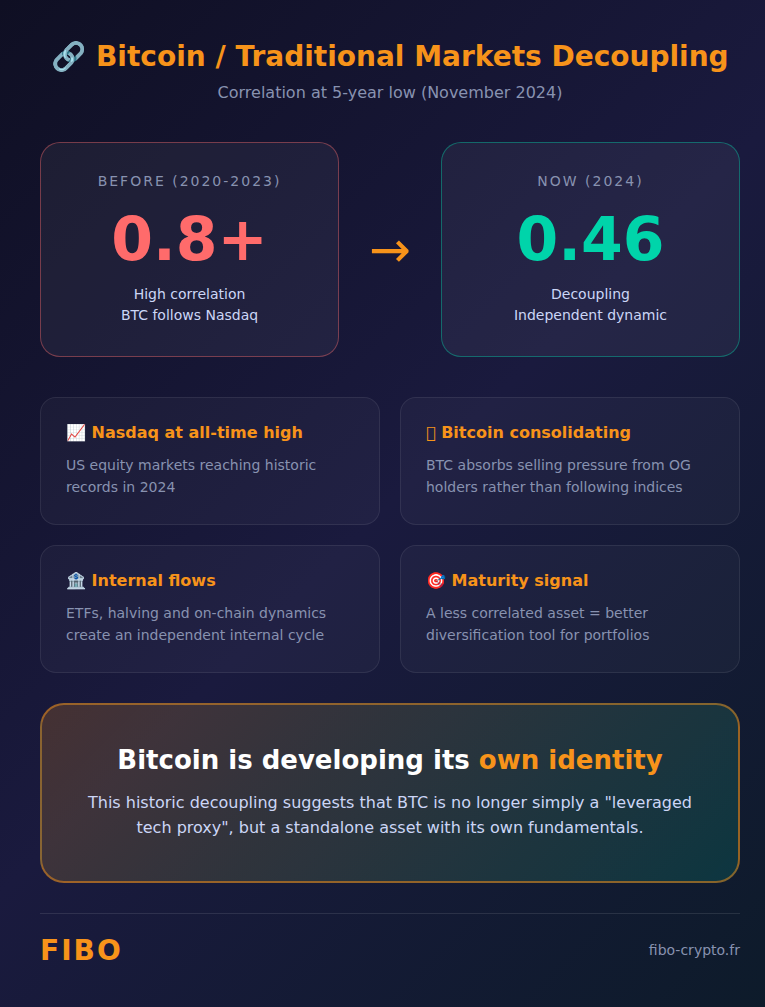 Infographic: Bitcoin / Traditional Markets Decoupling - Correlation from 0.8+ to 0.46