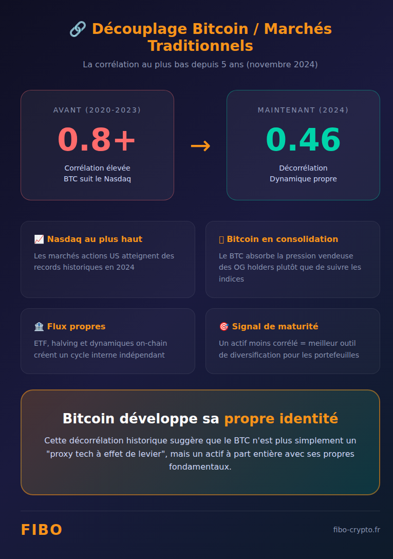 Infographie : Découplage Bitcoin/Marchés traditionnels - Corrélation passant de 0.8+ à 0.46