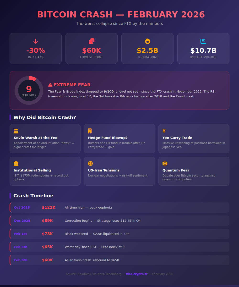 Bitcoin crash February 2026 infographic - Fear Index, liquidations, causes