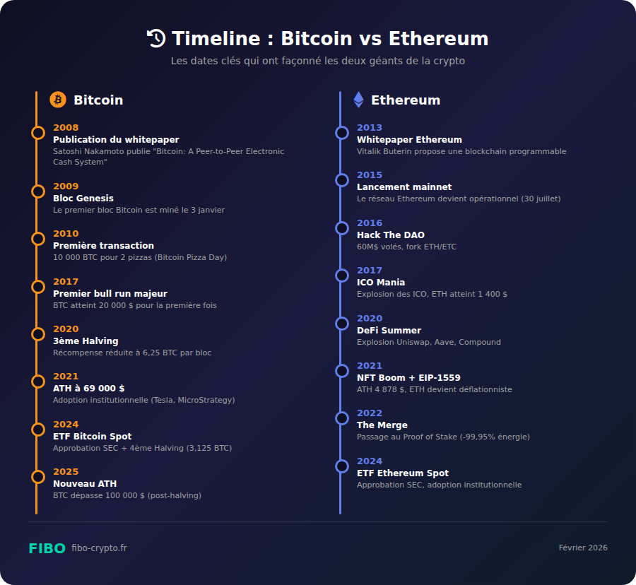 Timeline historique Bitcoin vs Ethereum : dates clés de 2008 à 2025, halvings, The Merge, ETF