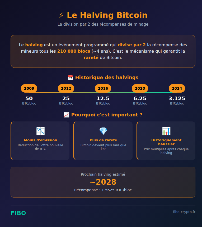 Infographie halving Bitcoin : historique, impact et prochain halving 2028