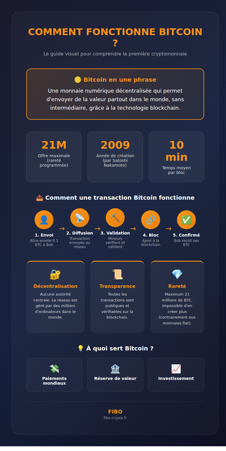 Infographie : Comment fonctionne Bitcoin - Schéma explicatif du fonctionnement d'une transaction