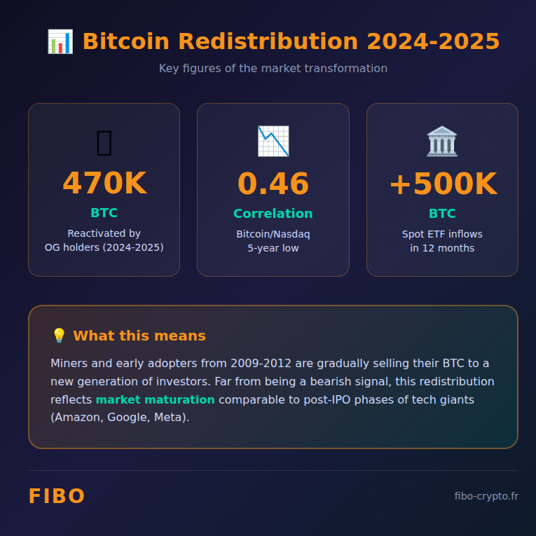 Infographic: Bitcoin Redistribution 2024-2025 - 470K BTC reactivated, 0.46 correlation, +500K BTC ETF