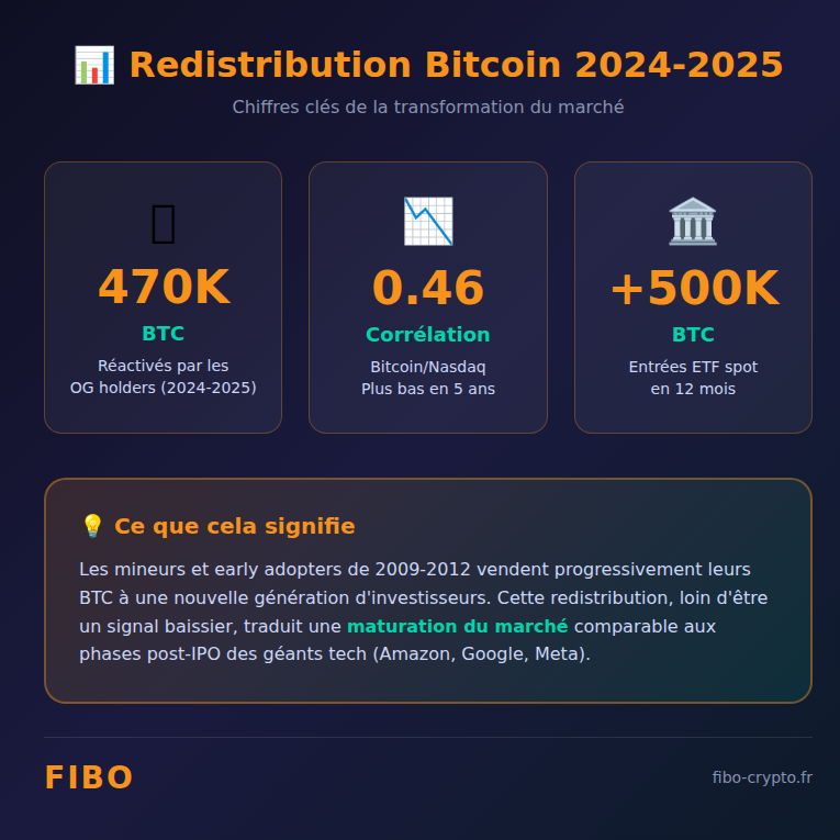 Infographie : Redistribution Bitcoin 2024-2025 - 470K BTC réactivés, corrélation 0.46, +500K BTC ETF