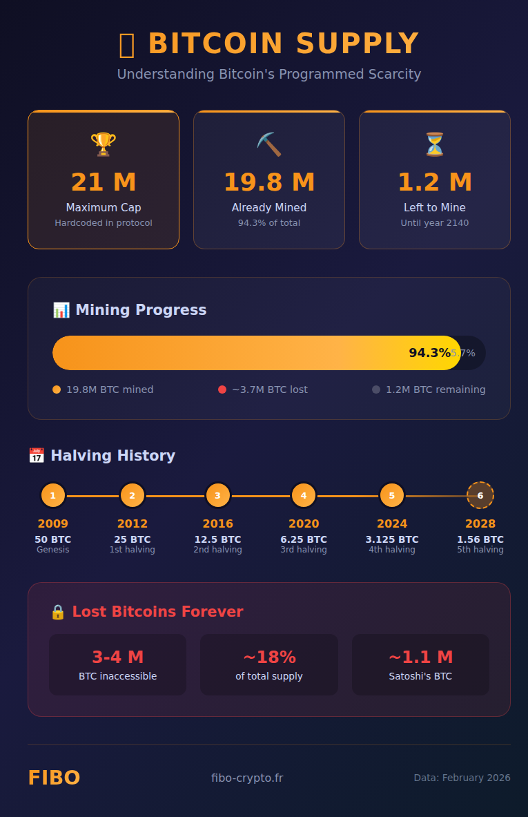 Complete Bitcoin supply infographic showing the 21 million cap, 19.8 million already mined, halving timeline, and lost bitcoins