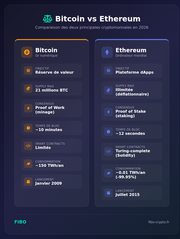 Infographie comparatif Bitcoin vs Ethereum : différences clés entre les deux principales cryptomonnaies en 2026