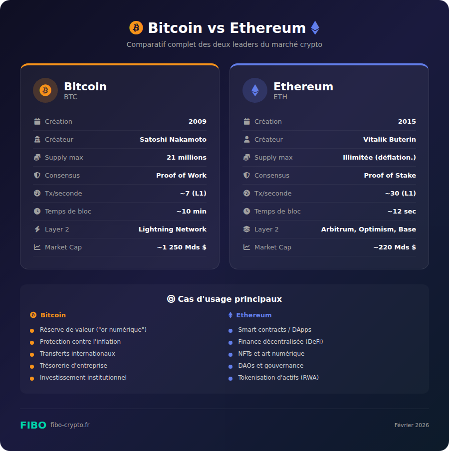 Infographie comparatif Bitcoin vs Ethereum 2026 : spécifications techniques, consensus, vitesse, market cap et cas d'usage