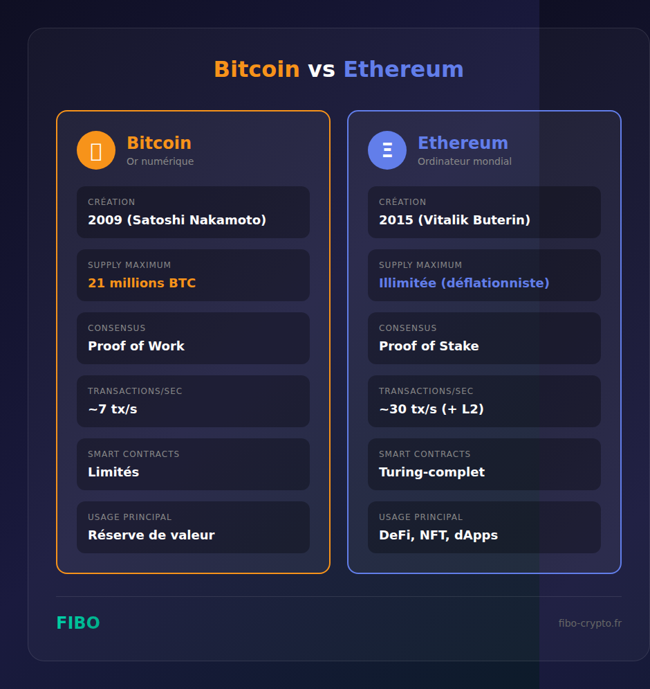 Infographie comparatif Bitcoin vs Ethereum : création, supply, consensus, vitesse, smart contracts et usages