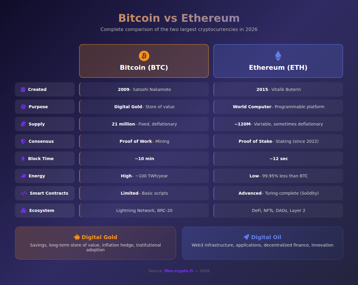 Infographic comparing Bitcoin vs Ethereum: key differences between the two main cryptocurrencies in 2026