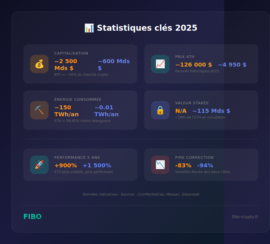 Statistiques clés Bitcoin vs Ethereum 2025 : capitalisation, ATH, énergie, staking, performance