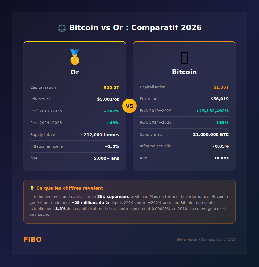 Comparatif Bitcoin vs Or en 2026 : capitalisation, performance, supply, et caractéristiques des deux actifs refuges