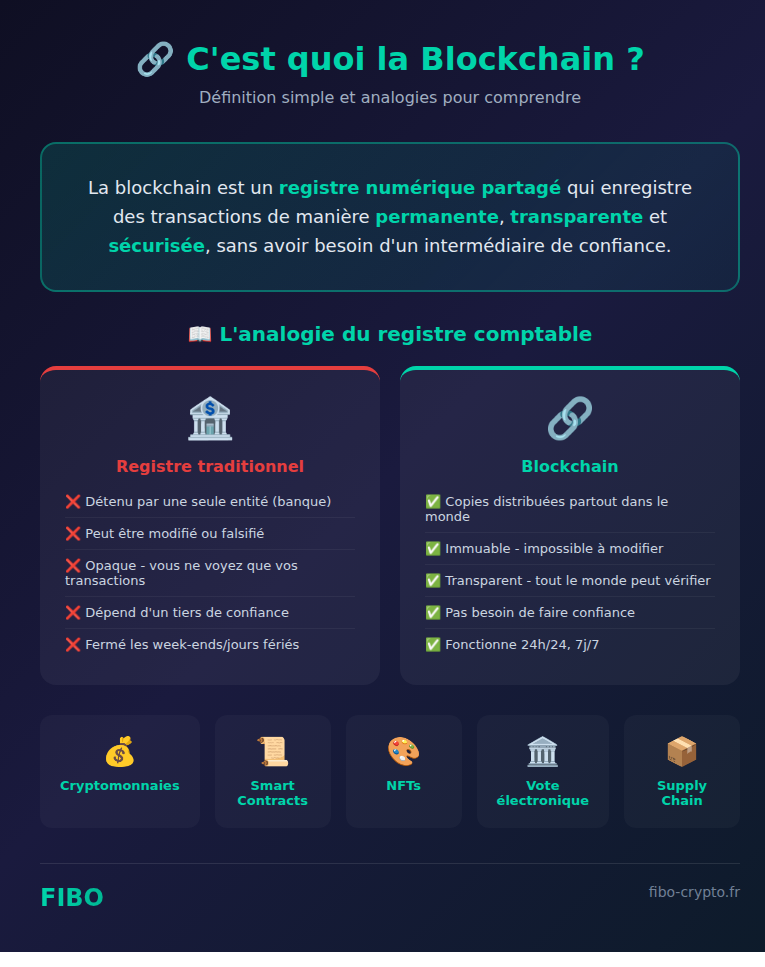 Infographie : C'est quoi la blockchain - définition simple avec analogie du registre comptable