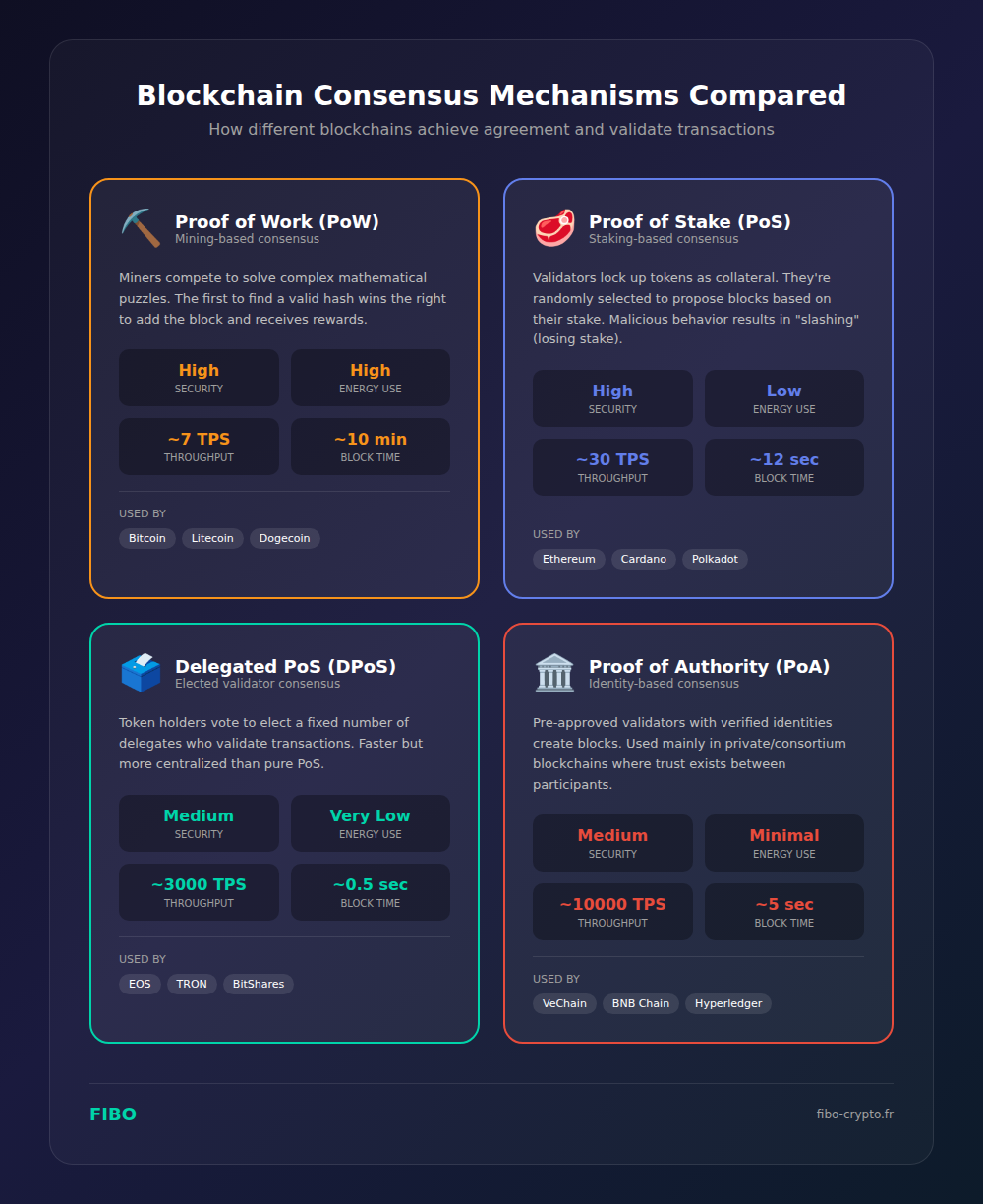 Comparison infographic of four consensus mechanisms: Proof of Work (used by Bitcoin, high security, high energy), Proof of Stake (used by Ethereum, high security, low energy), Delegated PoS (used by EOS, medium security, very low energy), and Proof of Authority (used by VeChain, medium security, minimal energy)