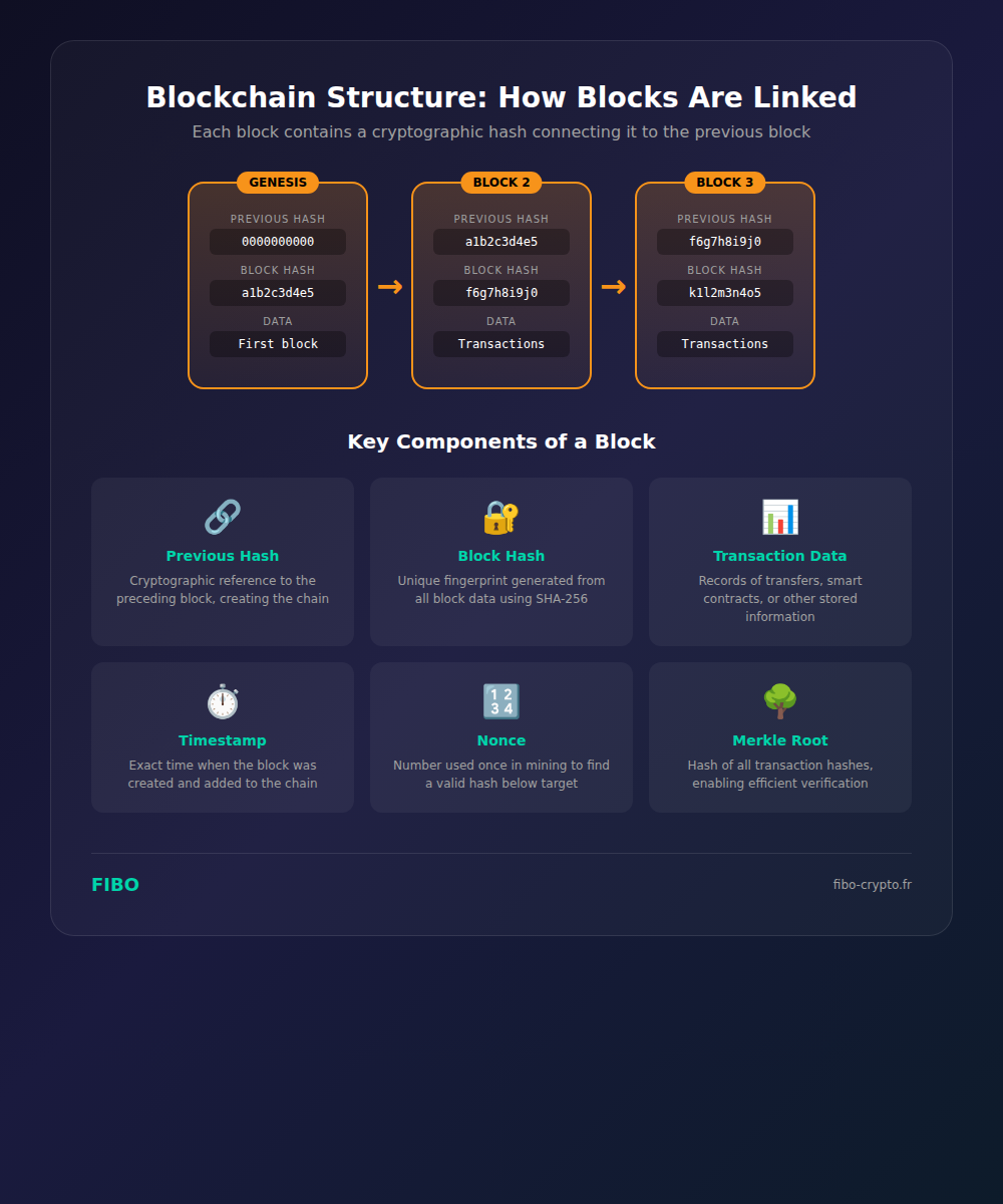 Infographic showing blockchain structure with Genesis block, Block 2, and Block 3 linked by cryptographic hashes, plus the key components of a block including previous hash, block hash, transaction data, timestamp, nonce, and Merkle root