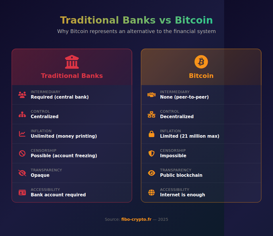 Comparative infographic between the traditional banking system and Bitcoin showing differences in intermediary, control, inflation, censorship, transparency, and accessibility