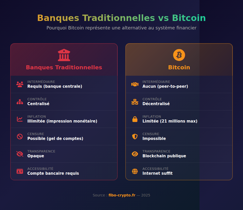 Infographie comparative entre le système bancaire traditionnel et Bitcoin montrant les différences en termes d'intermédiaire, contrôle, inflation, censure, transparence et accessibilité