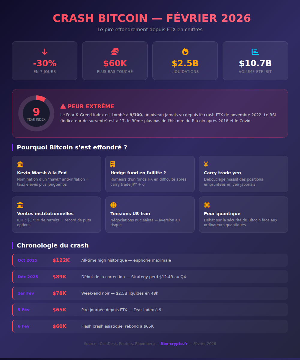 Infographie crash Bitcoin février 2026 - Fear Index, liquidations, causes