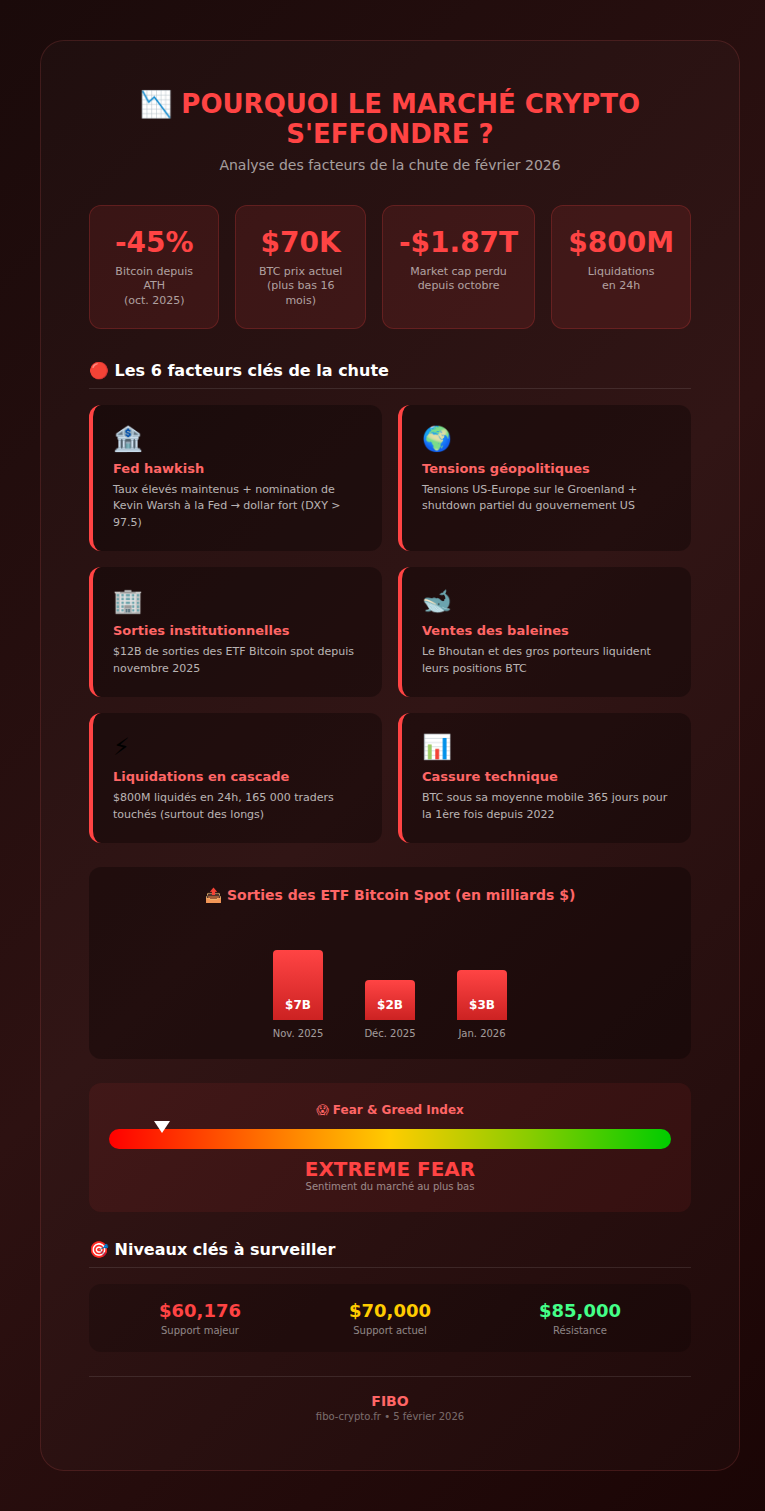 Infographie : Pourquoi le marché crypto s'effondre en février 2026 - Les 6 facteurs clés