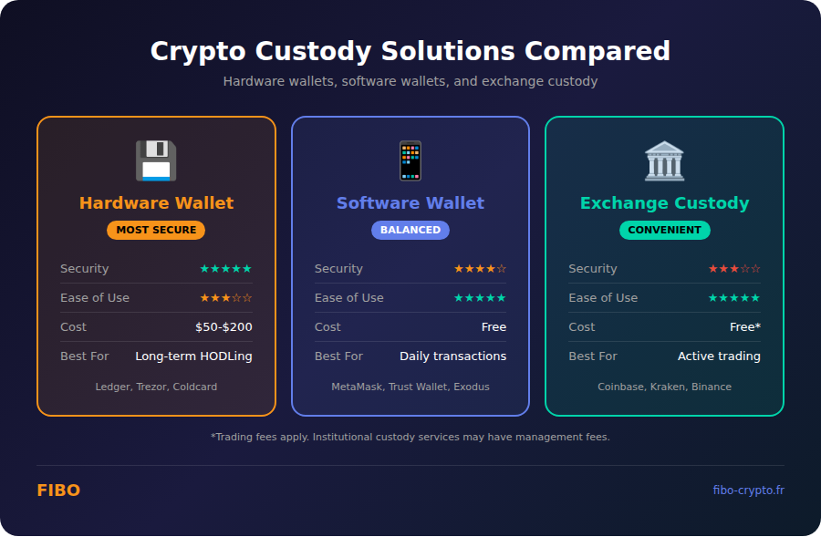 Crypto custody solutions comparison: hardware wallets, software wallets, and exchange custody with security ratings and features