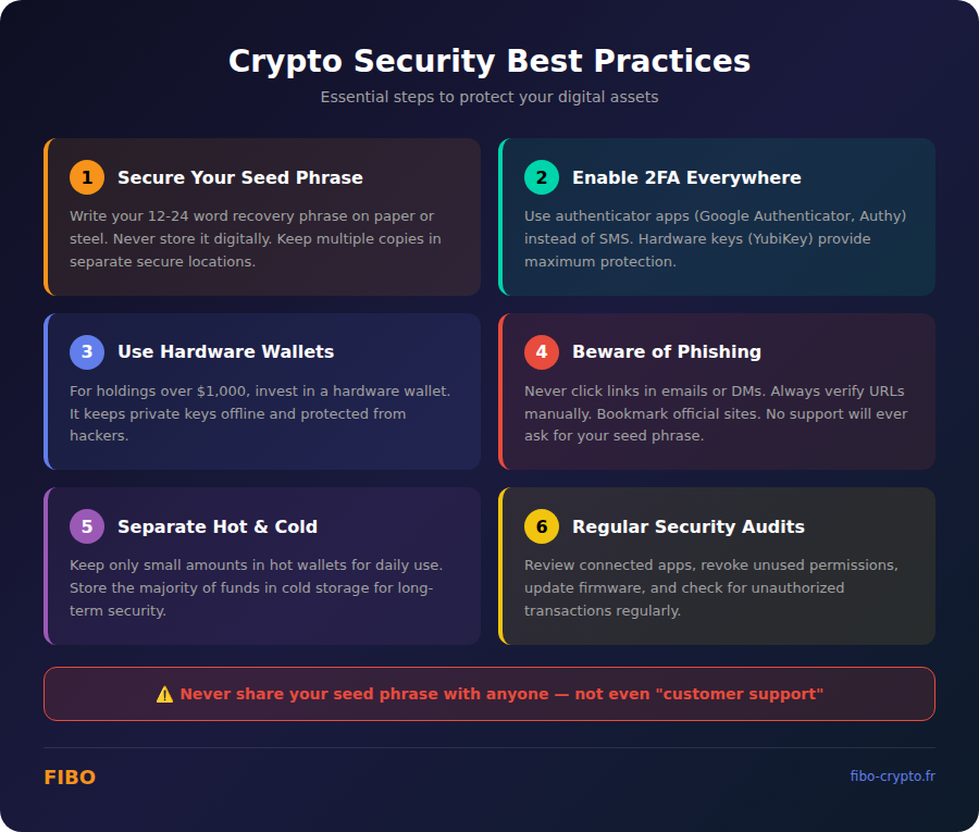 Crypto security best practices infographic: seed phrase protection, 2FA, hardware wallets, phishing prevention, and regular audits