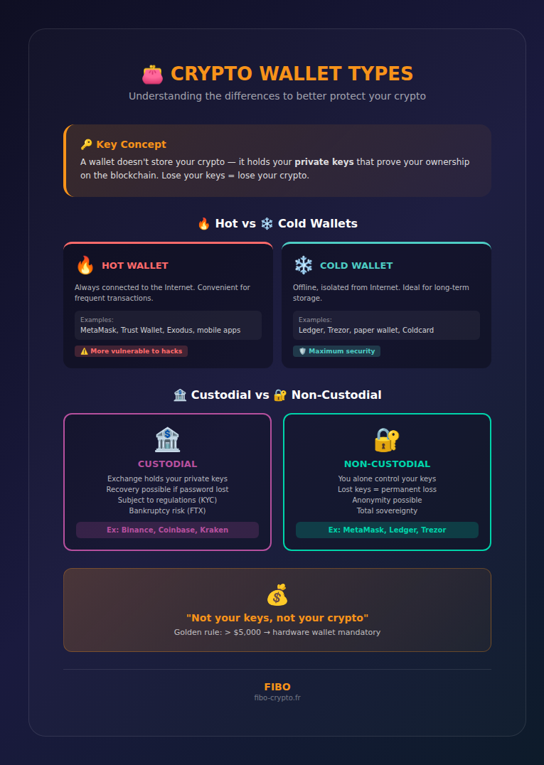 Infographic: Crypto wallet types - Hot vs Cold, Custodial vs Non-custodial