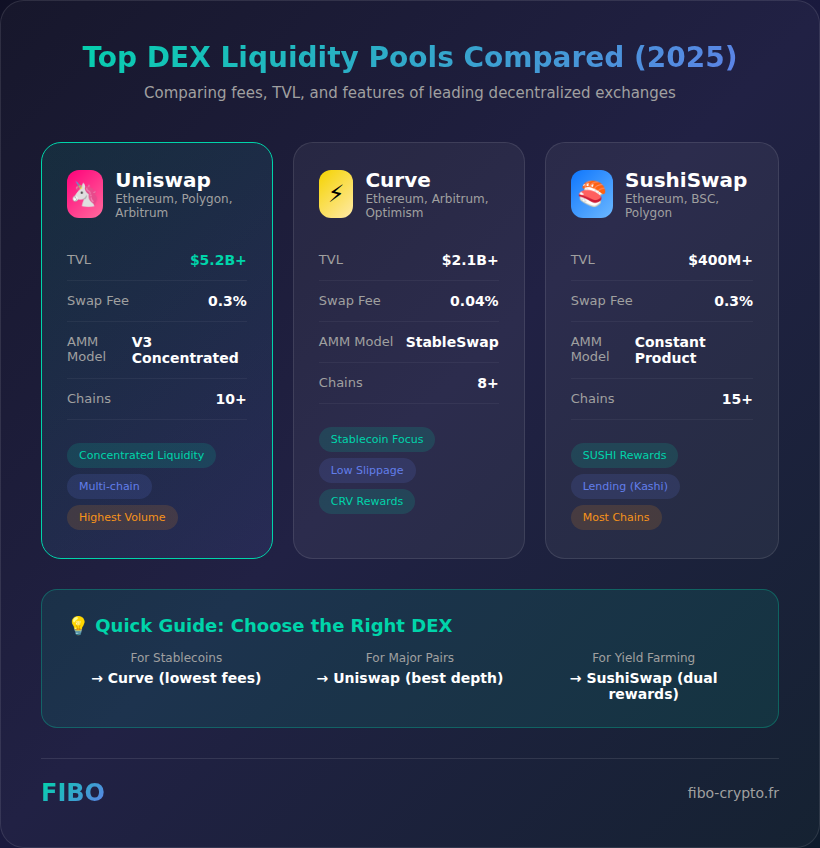Comparison of top DEX liquidity pools - Uniswap, Curve, and SushiSwap TVL, fees, and features