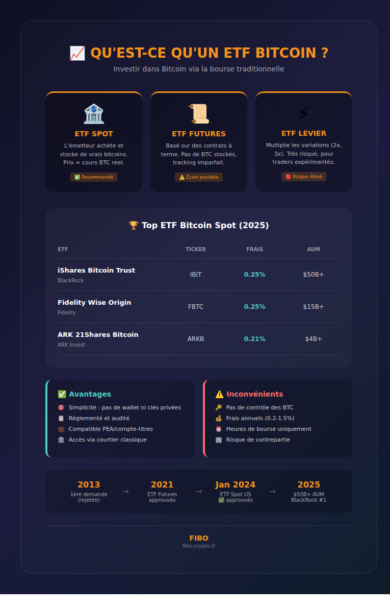 Infographie : Qu'est-ce qu'un ETF Bitcoin ? Types, top ETFs, avantages et inconvénients