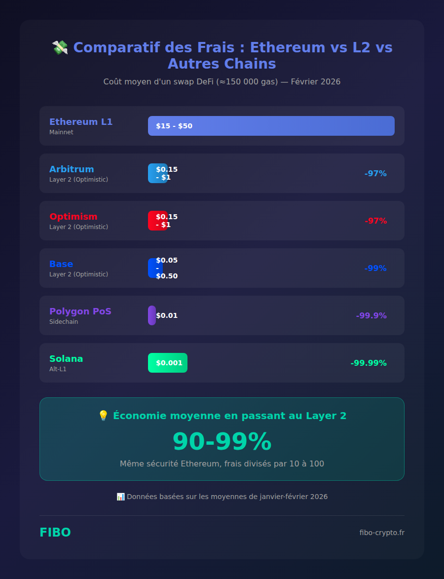 Comparatif des frais de transaction - Ethereum L1 vs Layer 2 Arbitrum Optimism Base Polygon Solana