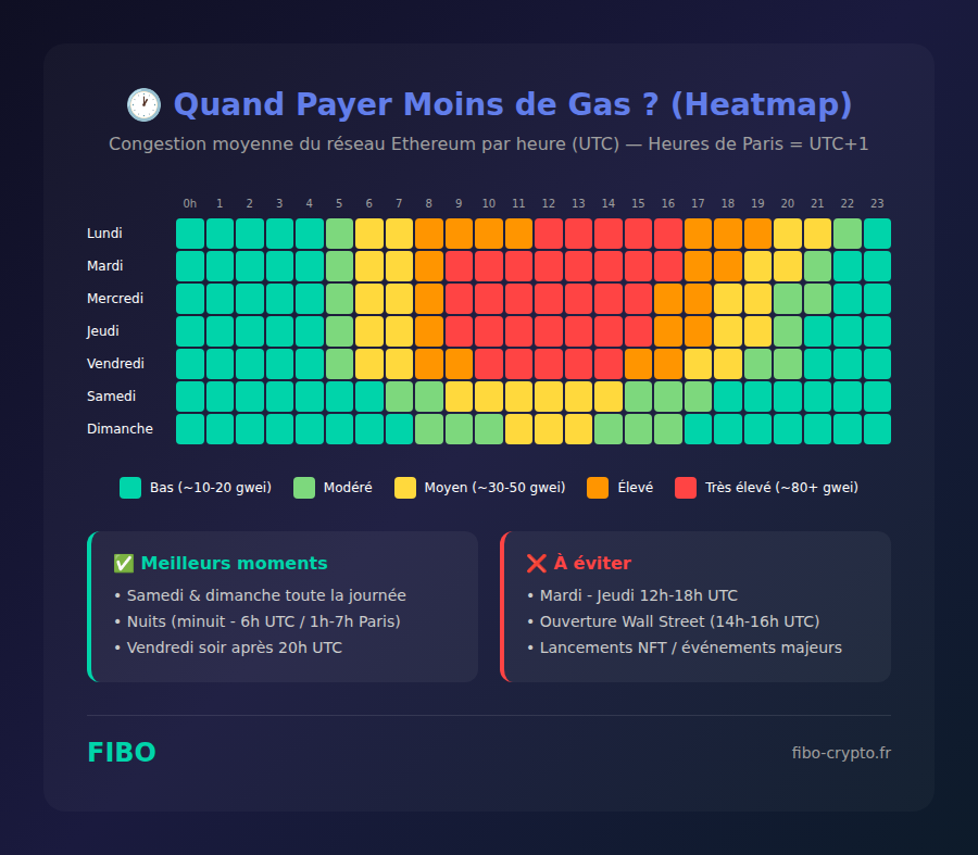 Heatmap des frais de gas Ethereum par heure et jour de la semaine - meilleurs moments pour transacter