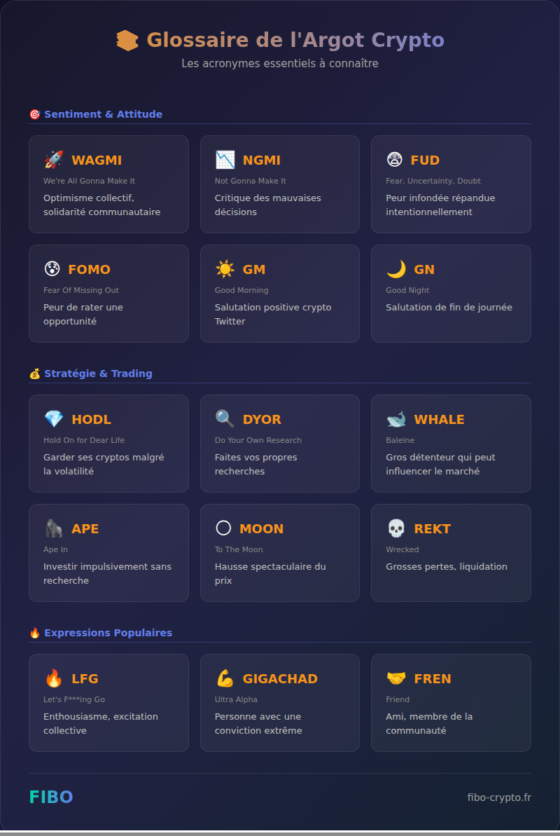Glossaire complet de l'argot crypto : HODL, FOMO, FUD, DYOR, GM, LFG, APE, REKT, MOON et tous les acronymes essentiels
