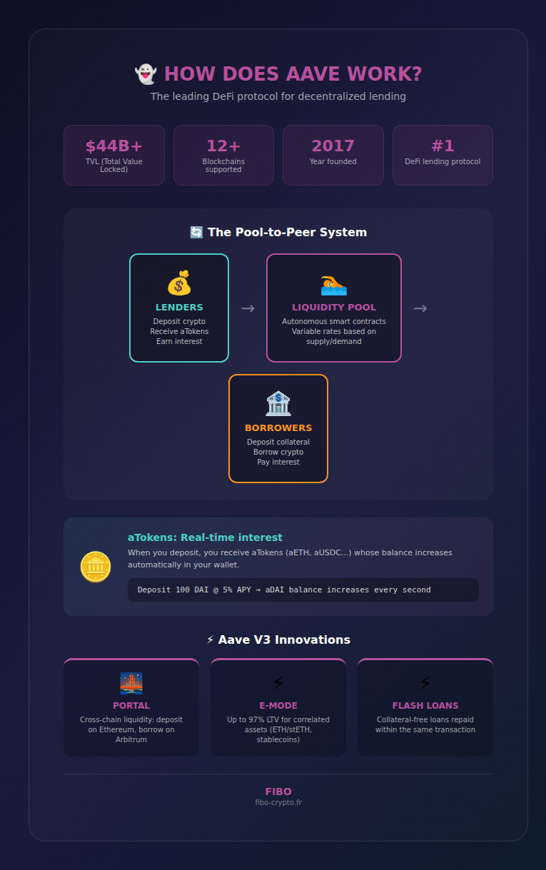 Infographic: How Does Aave Work - The pool-to-peer system, aTokens and V3 innovations