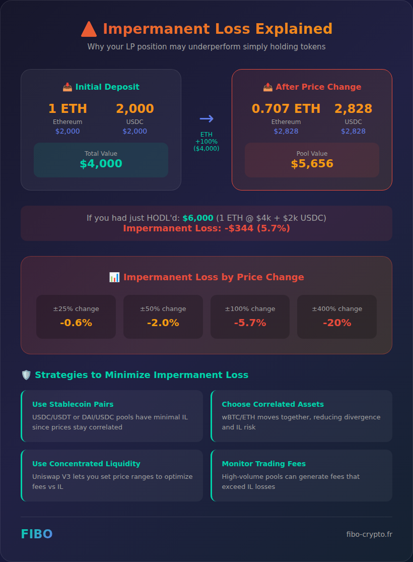 Impermanent loss explained with example - showing initial deposit, price change, and final value comparison vs holding
