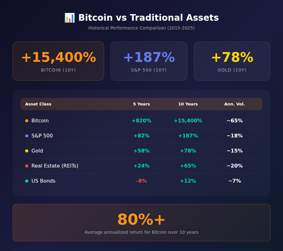 Infographic showing Bitcoin performance compared to traditional assets - returns comparison over 5, 10, and 15 years
