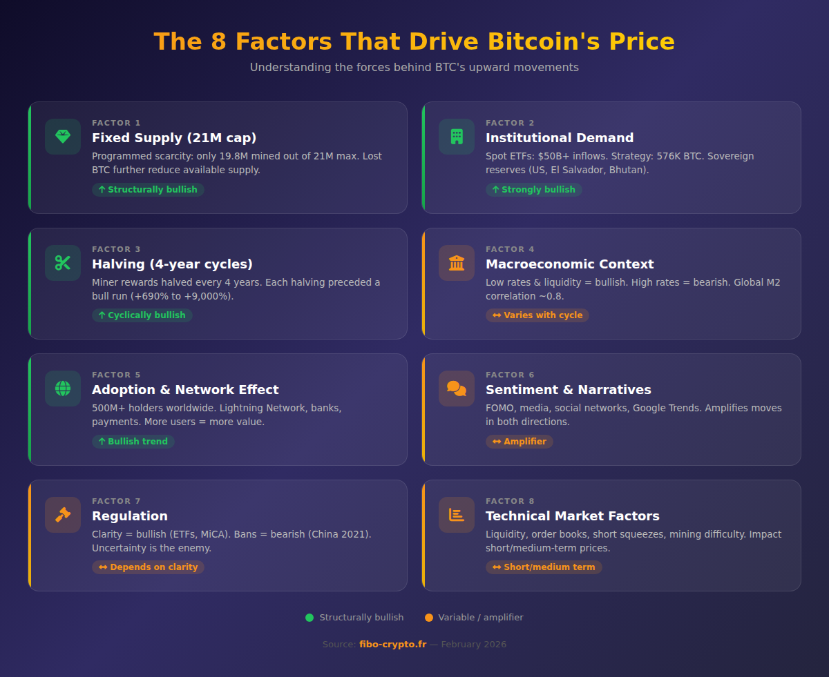 The 8 Factors That Drive Bitcoin Price - Fibo Crypto Infographic