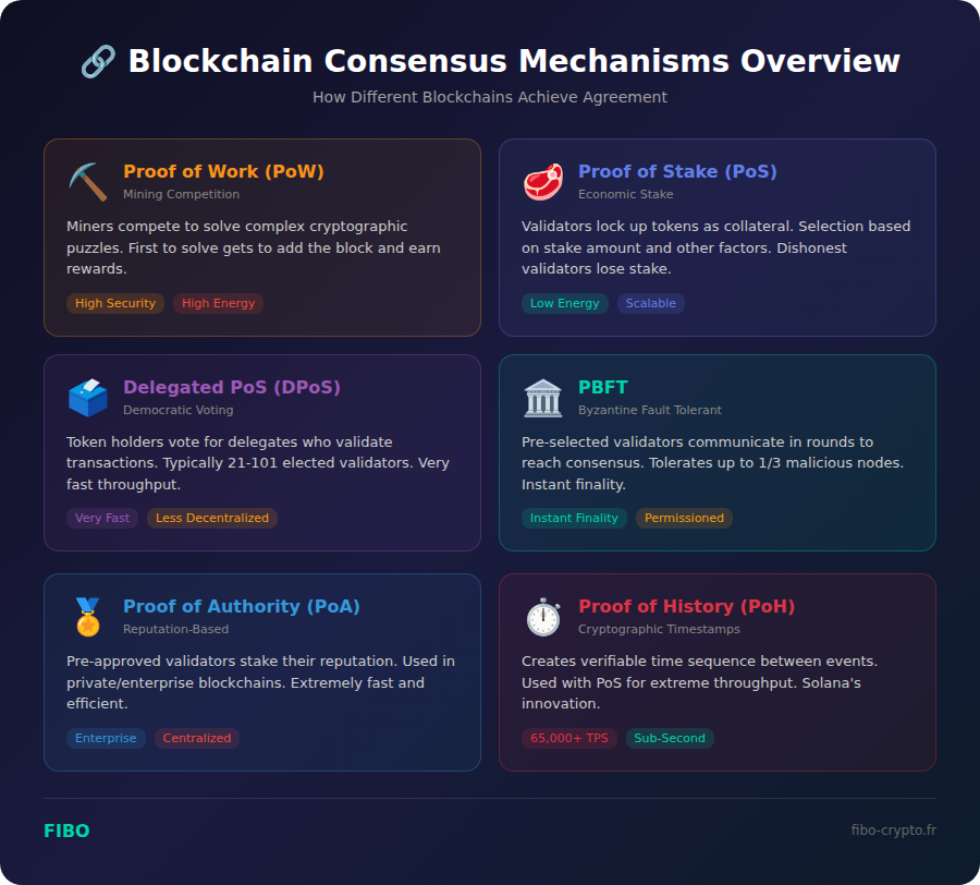 Overview of blockchain consensus mechanisms including Proof of Work, Proof of Stake, DPoS, PBFT, PoA, and Proof of History