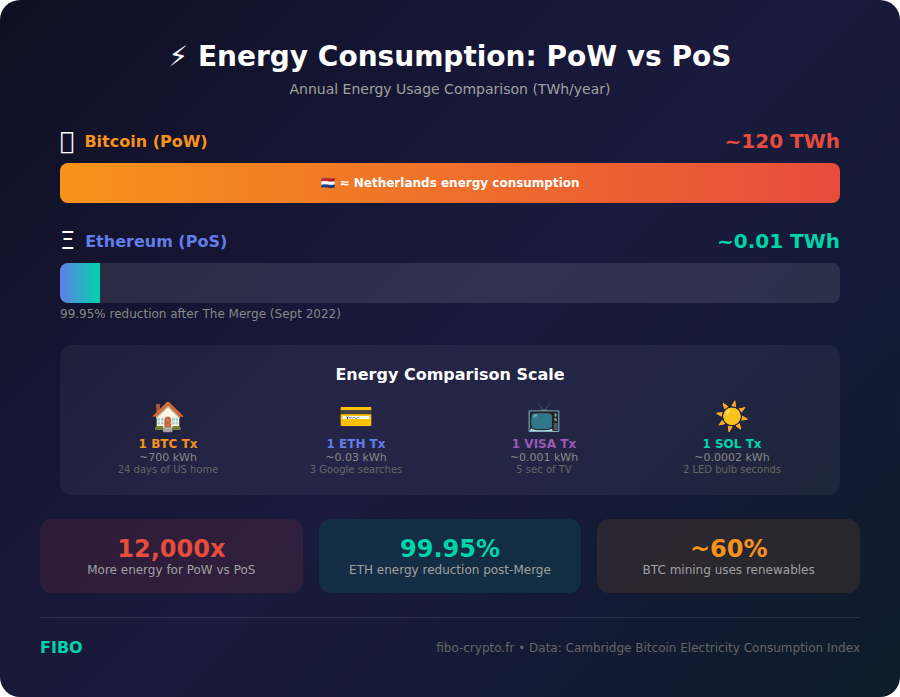 Energy consumption comparison between Proof of Work and Proof of Stake showing Bitcoin at 120 TWh vs Ethereum at 0.01 TWh annually