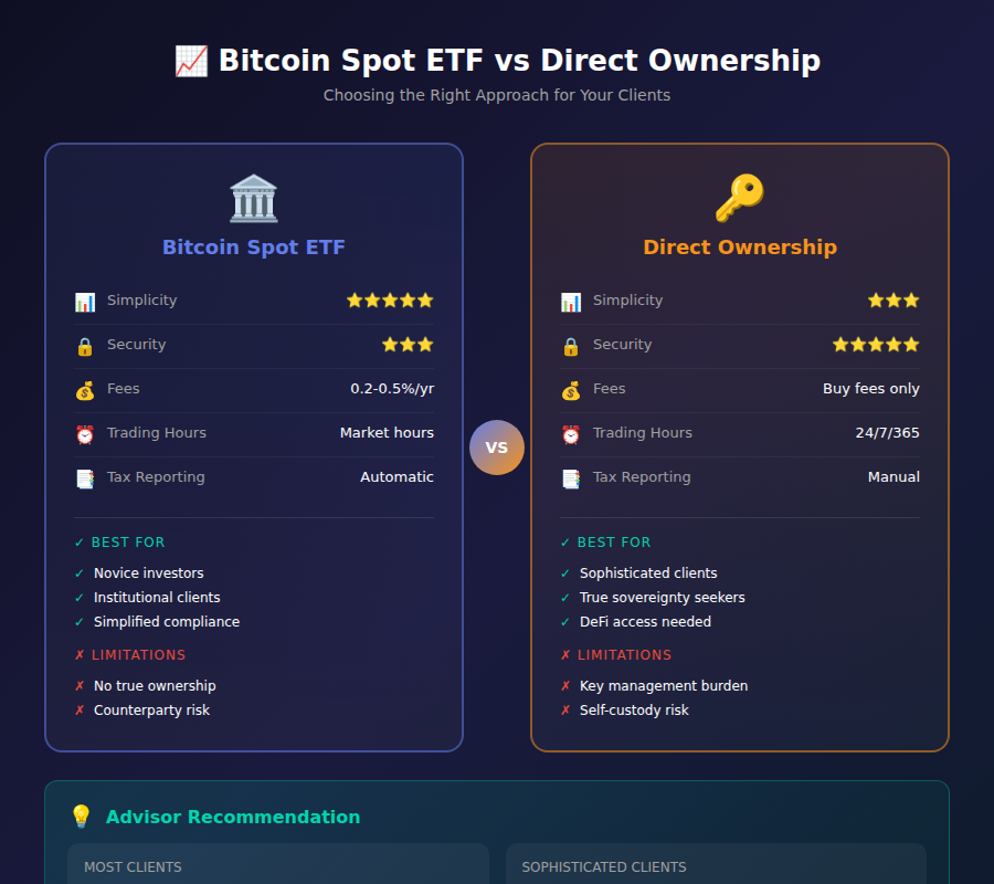Infographic comparing Bitcoin ETF vs direct ownership for wealth managers