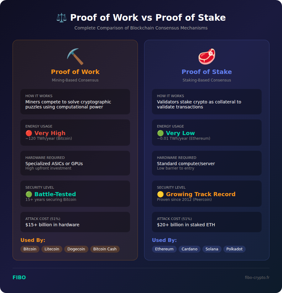 Complete comparison of Proof of Work vs Proof of Stake consensus mechanisms showing energy usage, security, hardware requirements, and major cryptocurrencies