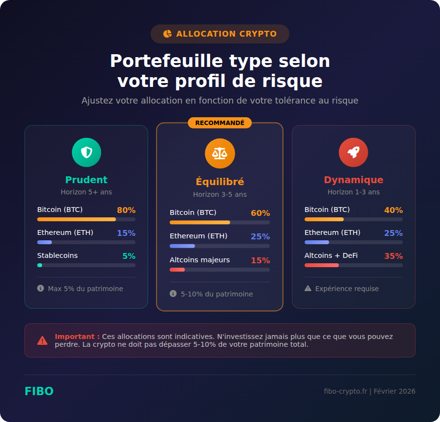 Infographie : allocation crypto recommandée selon votre profil de risque - prudent, équilibré, dynamique