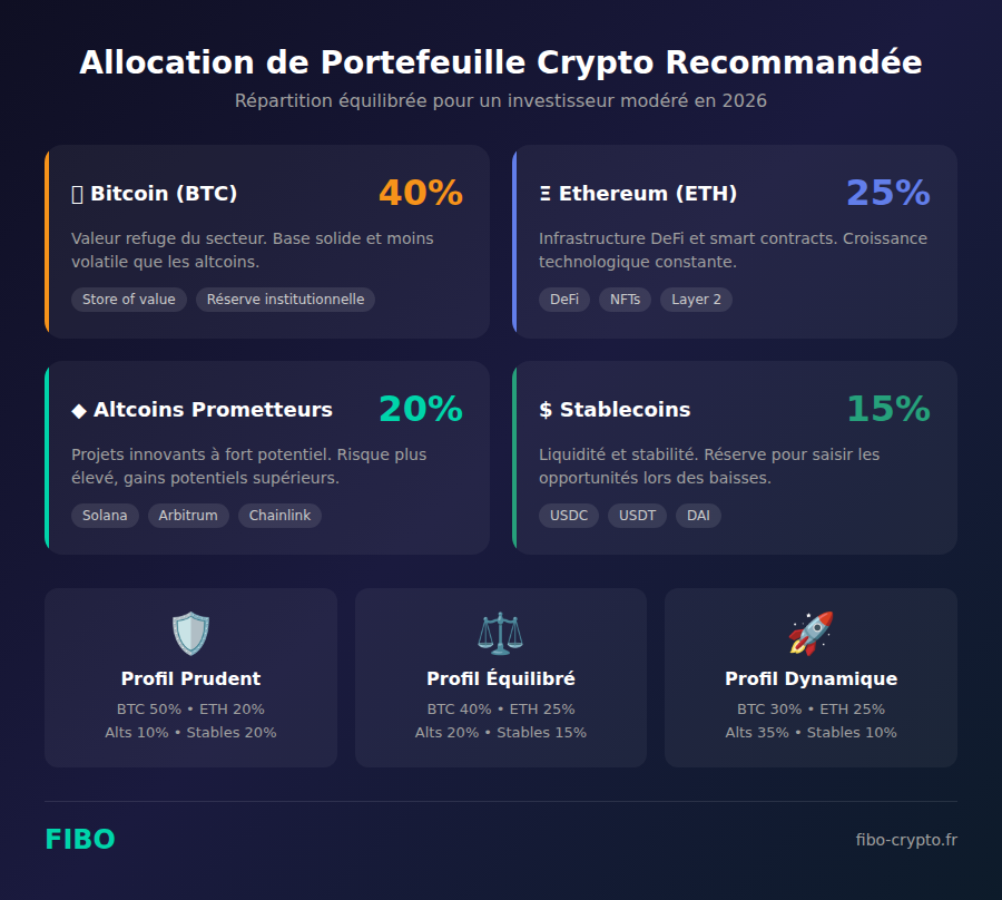 Infographie allocation de portefeuille crypto recommandée avec répartition Bitcoin 40%, Ethereum 25%, altcoins 20% et stablecoins 15%