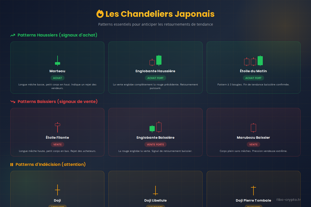 Guide des chandeliers japonais et patterns de retournement en crypto
