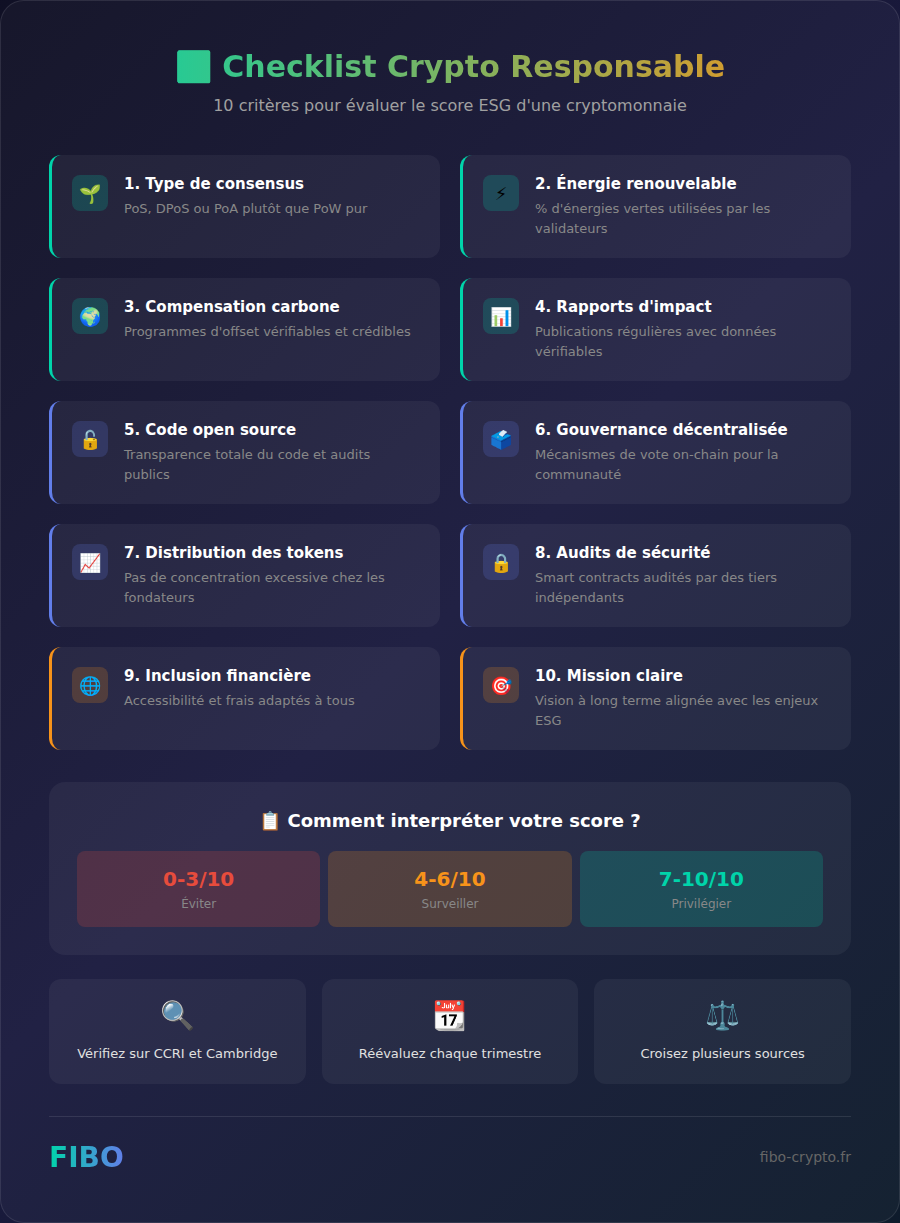 Checklist of 10 criteria to evaluate a responsible ESG cryptocurrency