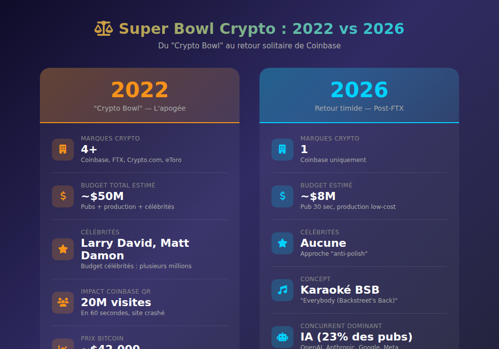 Comparatif des publicités crypto Super Bowl 2022 vs 2026